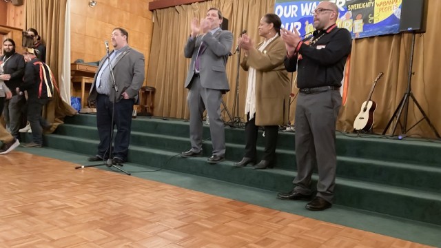 (l-r) House Minority Leader Billy Bob Faulkingham, Senate President Troy Jackson, Speaker of the House Rachel Talbot Ross, and Passamaquoddy Tribal Representative Aaron Dana